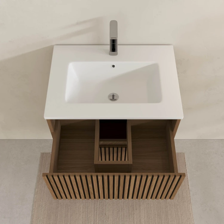 Meuble de salle de bain suspendu avec façade crantée, vasque(s) et miroir(s) LED