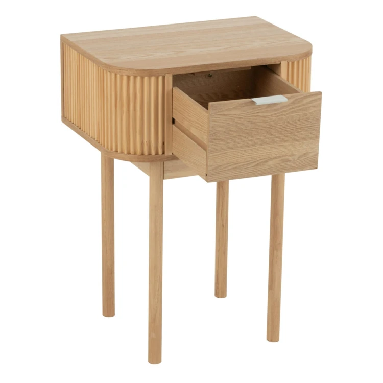 Runder Nachttisch aus naturbelassenem Holz mit Schublade