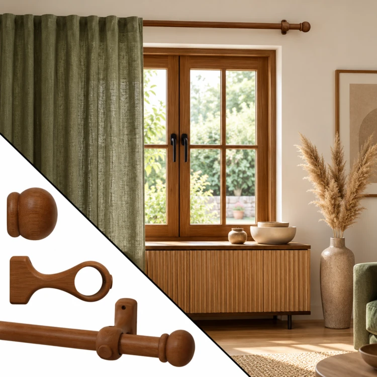 Kit tringle à rideaux en bois embouts anglais D20 mm