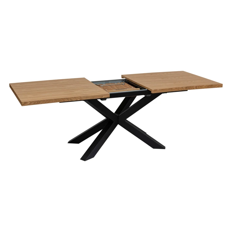 Mesa de comedor extensible con aspecto de madera y base en cruz