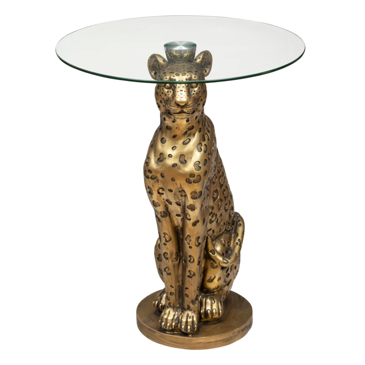 Mesa de café redonda con patas esculpidas con motivo de leopardo