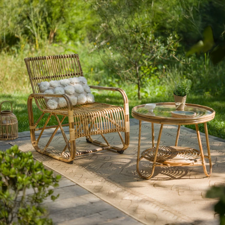 Fauteuil de jardin carré en rotin tressé avec accoudoirs