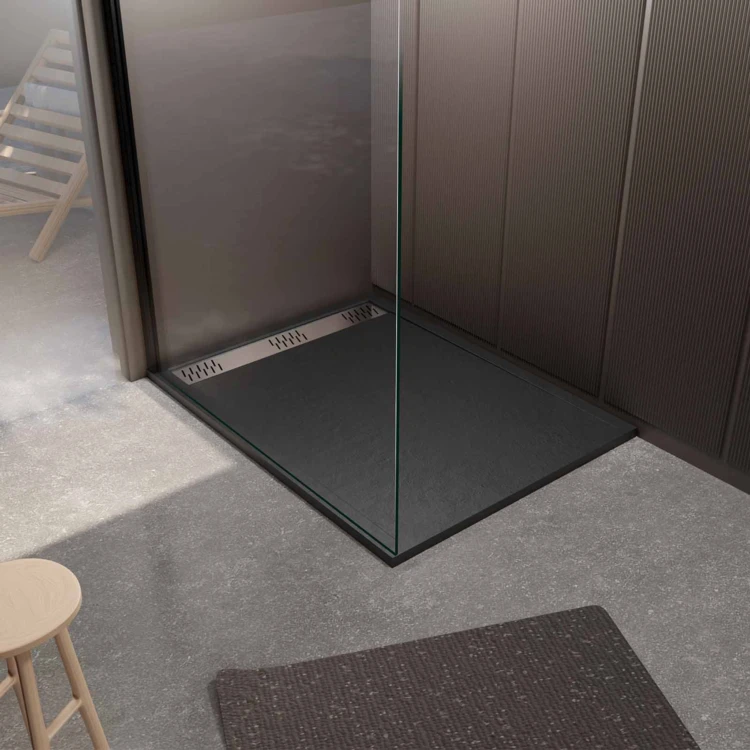 Receveur de douche extra-plat en résine effet pierre  grille linéaire chrome