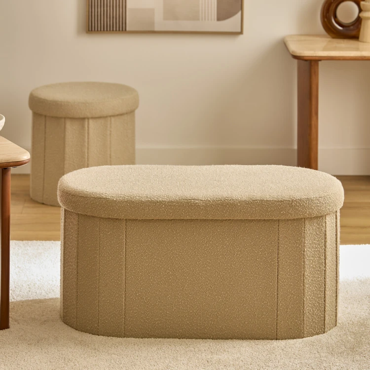 Pouf coffre pliant double en bouclette avec rangement