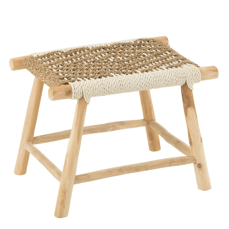 Taburete de madera de teca y cuerda de jacinto de agua trenzada bicolor