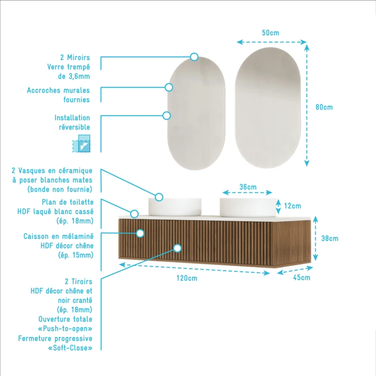 Meuble de salle de bain suspendu avec façade crantée, vasque(s) ronde(s) et miroir(s) ovales