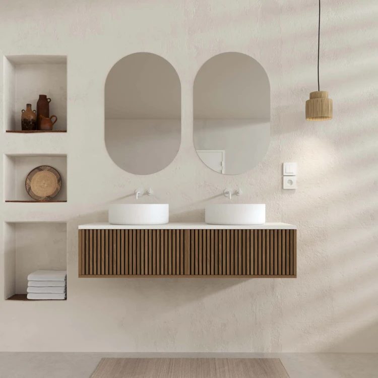 Meuble de salle de bain suspendu avec façade crantée, vasque(s) ronde(s) et miroir(s) ovales