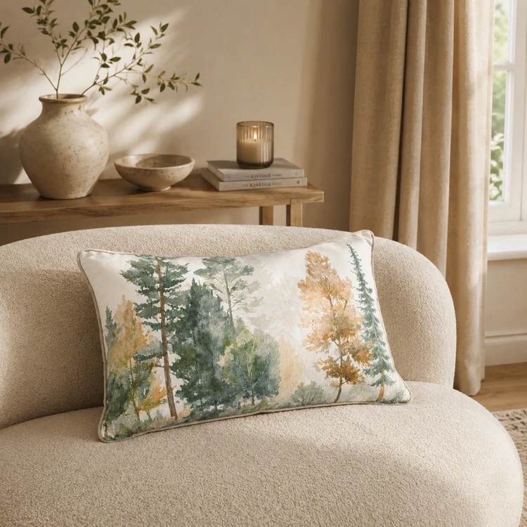 Coussin déhoussable motif aquarelle forêt
