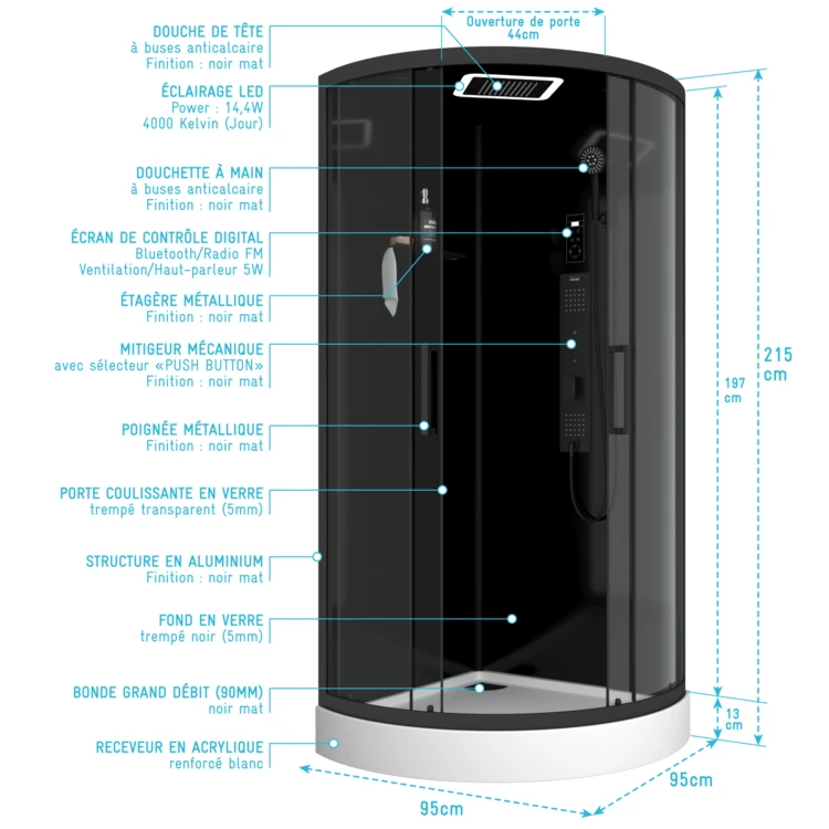 Cabine de douche hydromassante 1/4 de cercle  portes coulissantes et panneau de contrôle