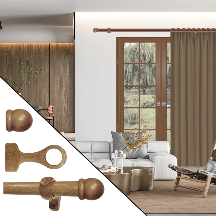 Kit tringle à rideaux en bois avec embouts ronds D28 mm