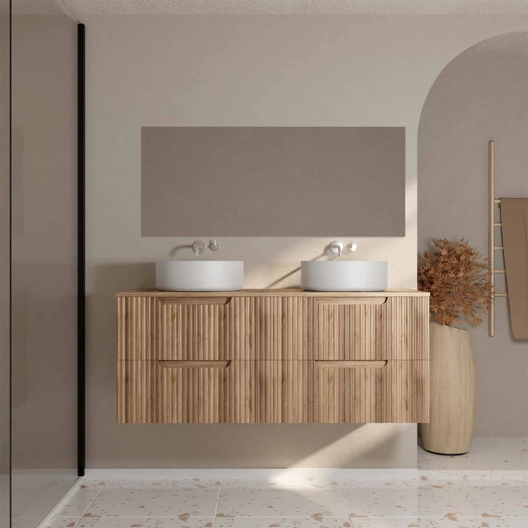 Meuble de salle de bain double vasque ronde avec façade ondulée et rangements intégrés