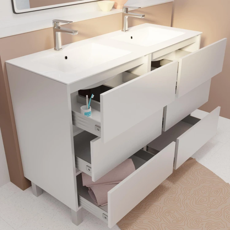 Meuble de salle de bains double vasque avec 6 tiroirs