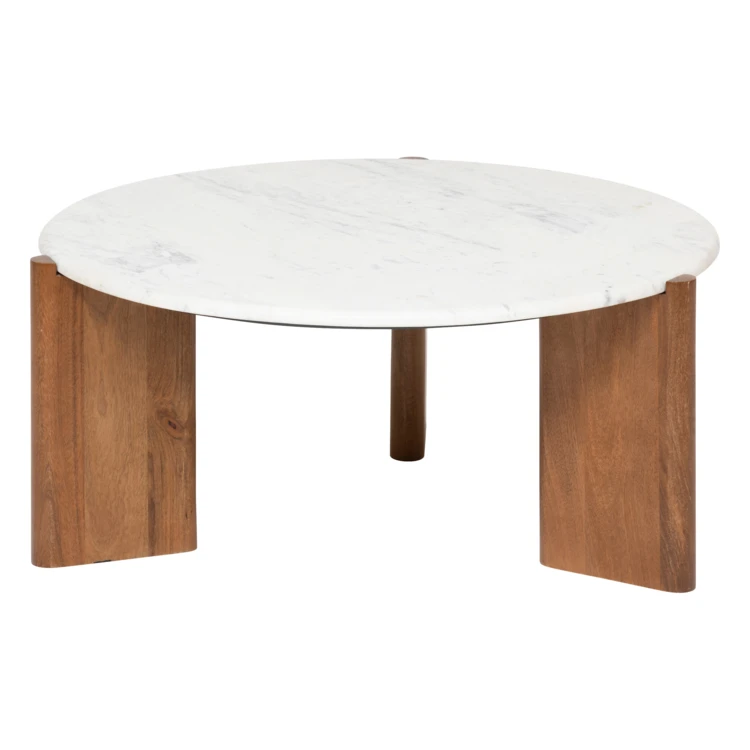 Mesa de centro redonda de mármol con patas de madera maciza de mango