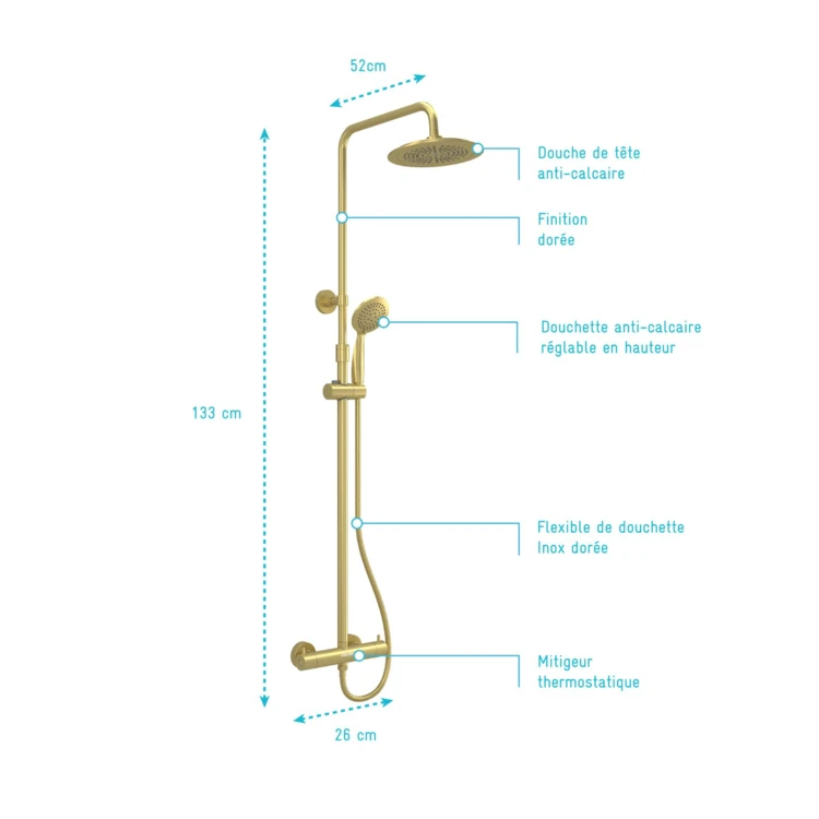 Colonne de douche thermostatique dorée