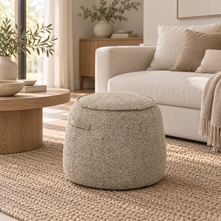 POUF ALEX CONTREPLAQUÉ/TISSU MARRON/ÉCRU