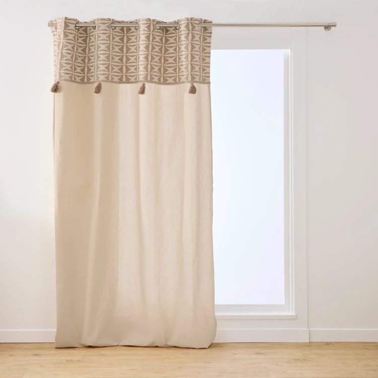 Rideau tamisant à œillets en polycoton avec jacquard et pompons