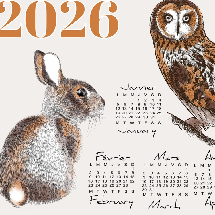Torchon calendrier 2026 animaux du jardin coton