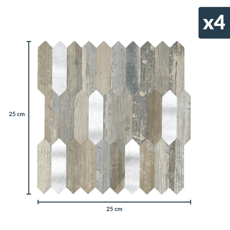 Crédence adhésive murale 3D effet bois et métal 4 pièces