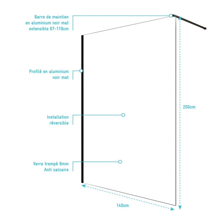 Paroi de douche à l’italienne en verre trempé 8 mm anticalcaire