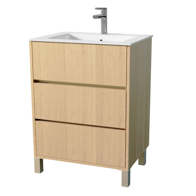 Meuble de salle de bains sur pieds avec 3 tiroirs et vasque en céramique