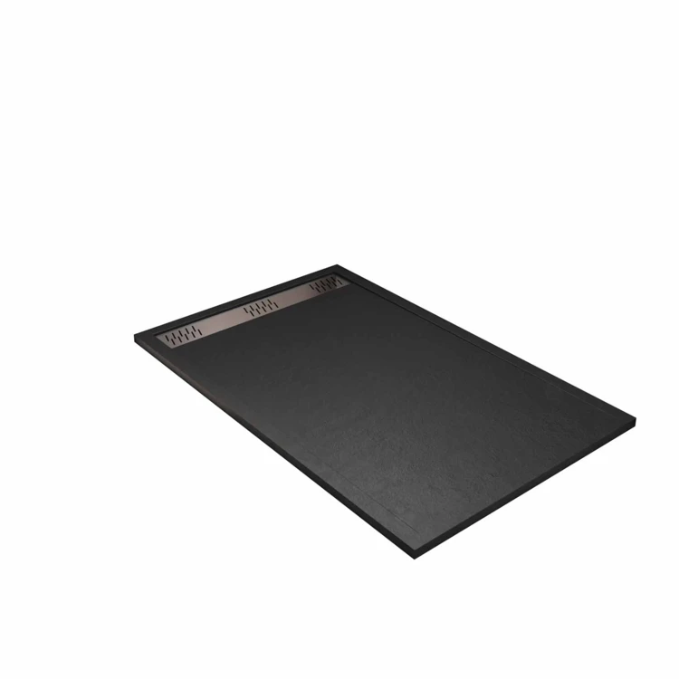 Receveur de douche extra-plat en résine effet pierre  grille linéaire chrome