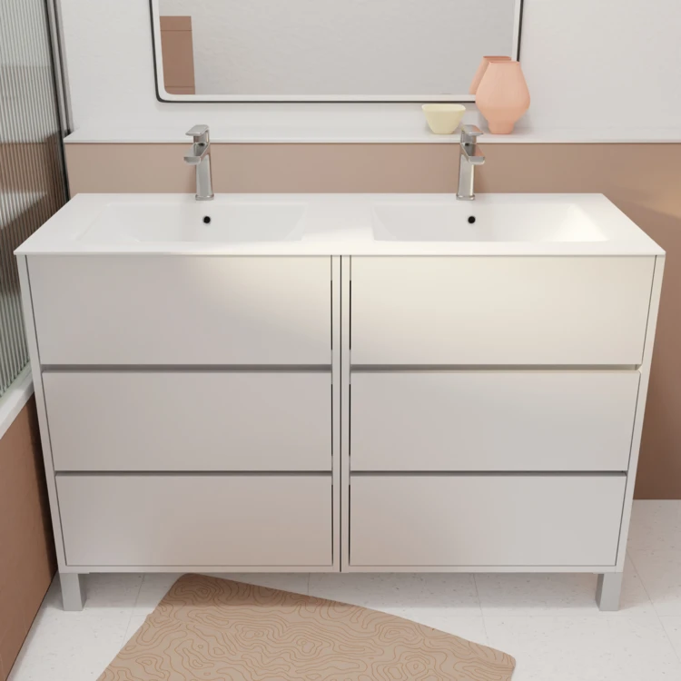 Meuble de salle de bains double vasque avec 6 tiroirs