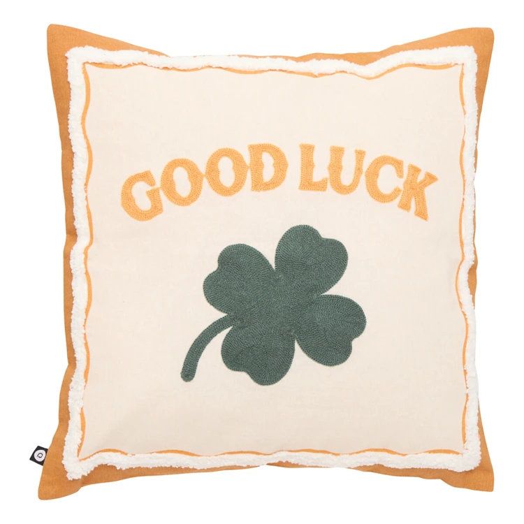 Almofada decorativa de algodão bordada com a inscrição «GOOD LUCK»