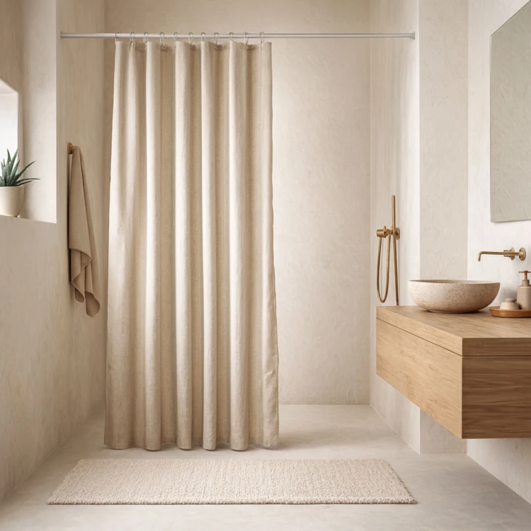 Rideau de douche effet lin crochets transparents