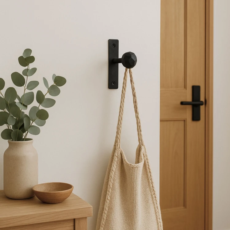 Gancho de pared pequeño, recto, metal negro y bola