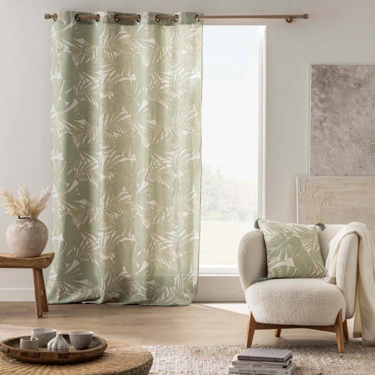 Coussin polycoton feuillages tropicaux métallisé à pompons