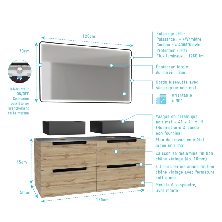 Meuble de salle de bain avec 2 vasques et miroir à leds