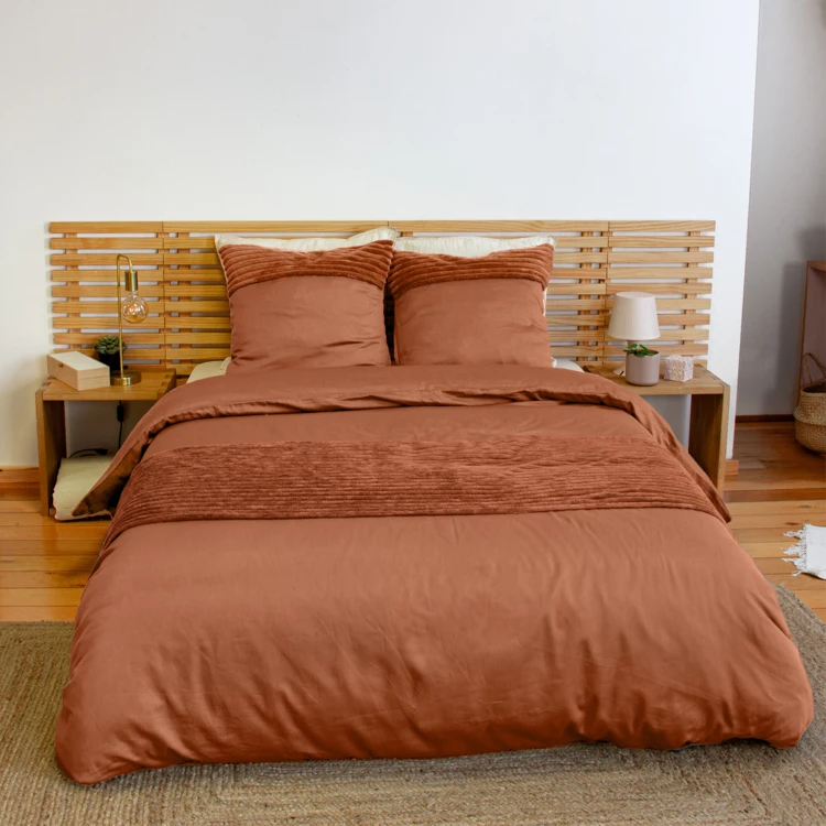 Parure de lit 3 pièces velours bande côtelé housse + taies