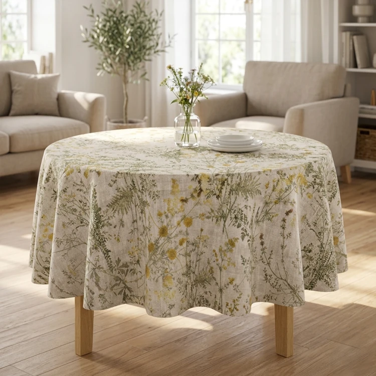 Nappe ronde en polycoton enduit anti-tache motif herbes