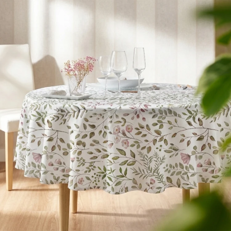 Nappe ronde en coton enduit anti-tache motif végétal