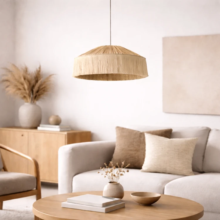 Abat-jour suspension en papier façon raphia et franges