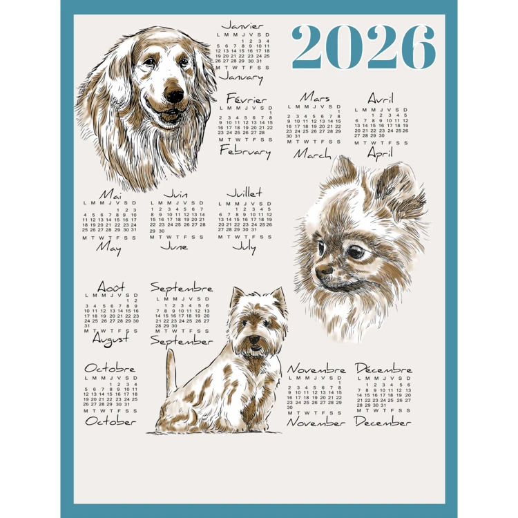 Torchon calendrier 2026 motif chiens coton