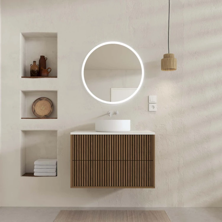 Meuble de salle de bain suspendu avec façade crantée, vasque(s) ronde(s) et miroir(s) LED
