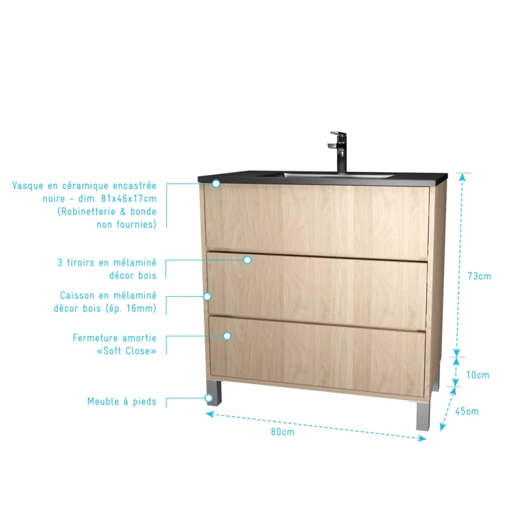 Meuble de salle de bains sur pieds avec 3 tiroirs et vasque en céramique