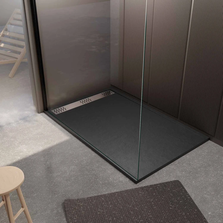 Receveur de douche extra-plat en résine effet pierre  grille linéaire chrome