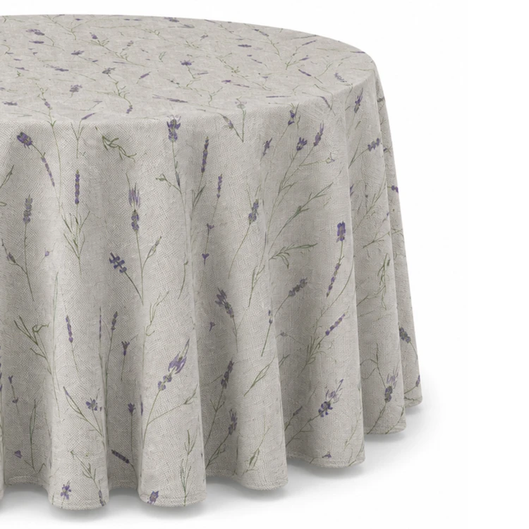 Nappe ronde en coton enduit anti-tache motif lavande