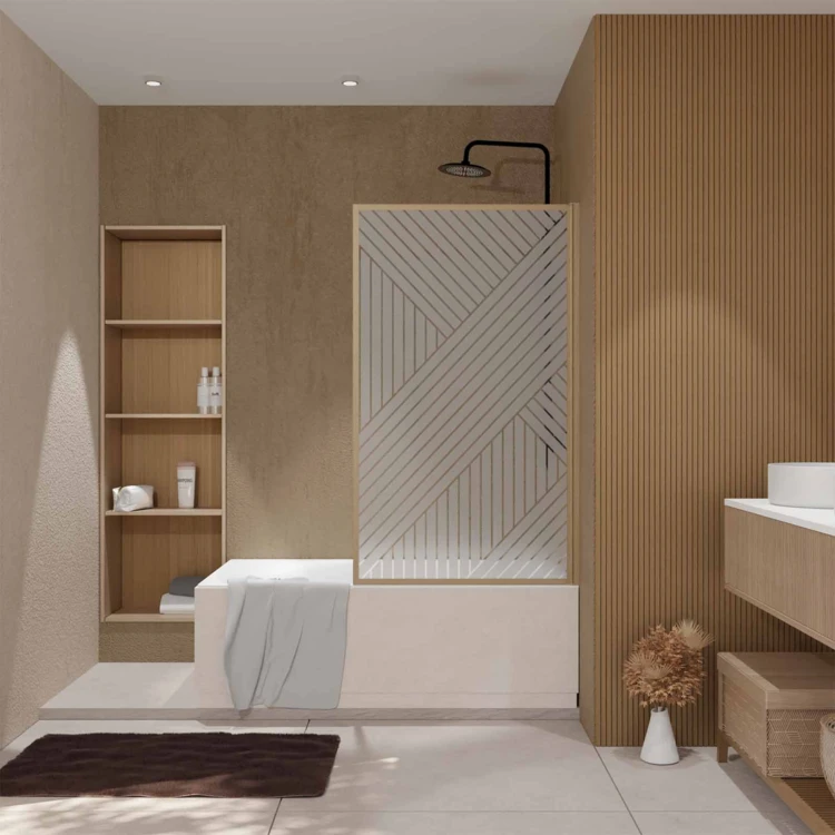 Pare-baignoire Japandi en verre sérigraphié motif géométrique