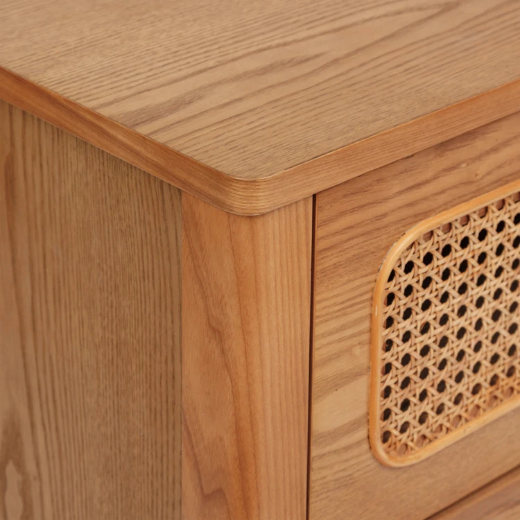Houten commode met 3 laden en opengewerkt vlechtwerk