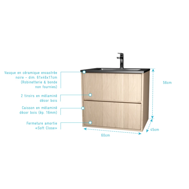 Meuble de salle de bains suspendu 2 tiroirs avec vasque