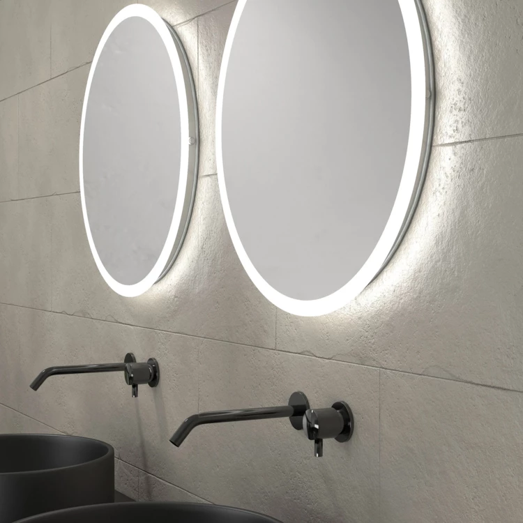 Meuble de salle de bains avec 2 vasques rondes et 2 miroirs ronds à led