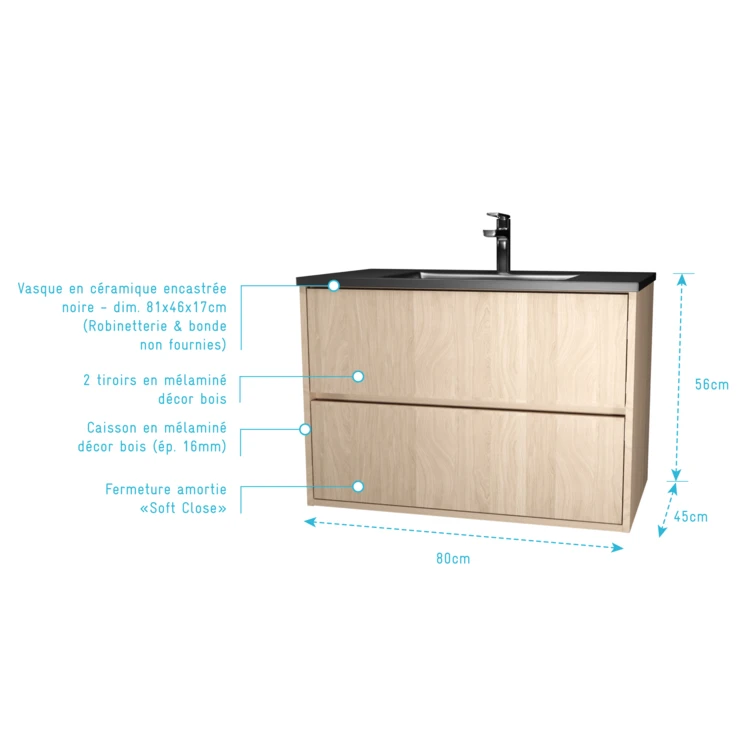 Meuble de salle de bains suspendu 2 tiroirs avec vasque