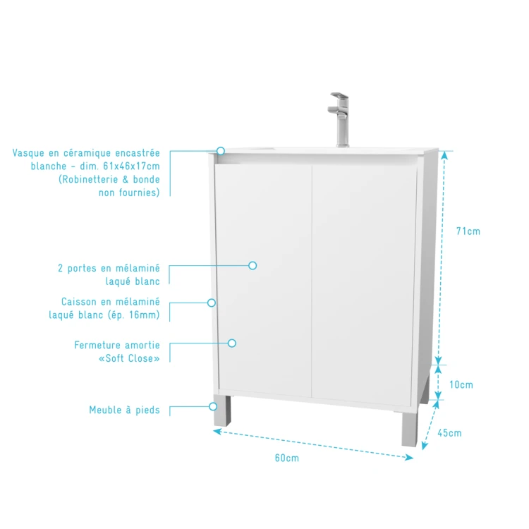 Meuble de salle de bains sur pieds avec 2 portes et vasque