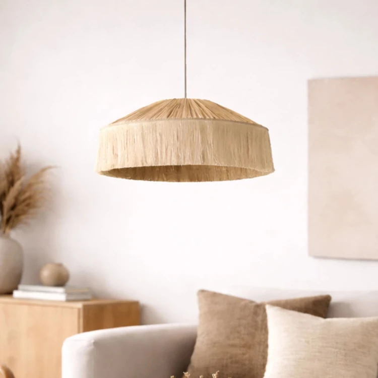 Abat-jour suspension en papier façon raphia et franges