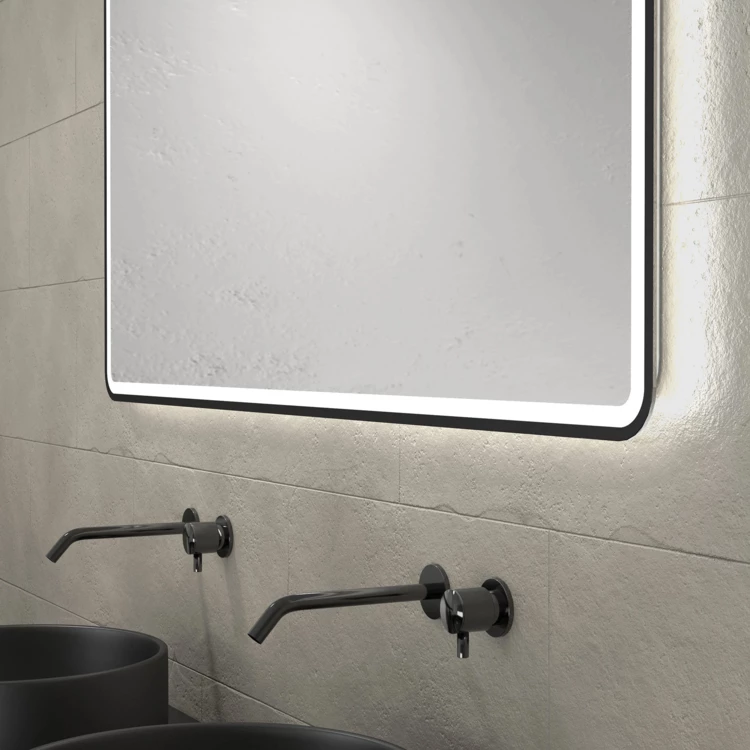 Meuble de salle de bains avec 2 vasques rondes et 1 miroir rectangulaire à led noir