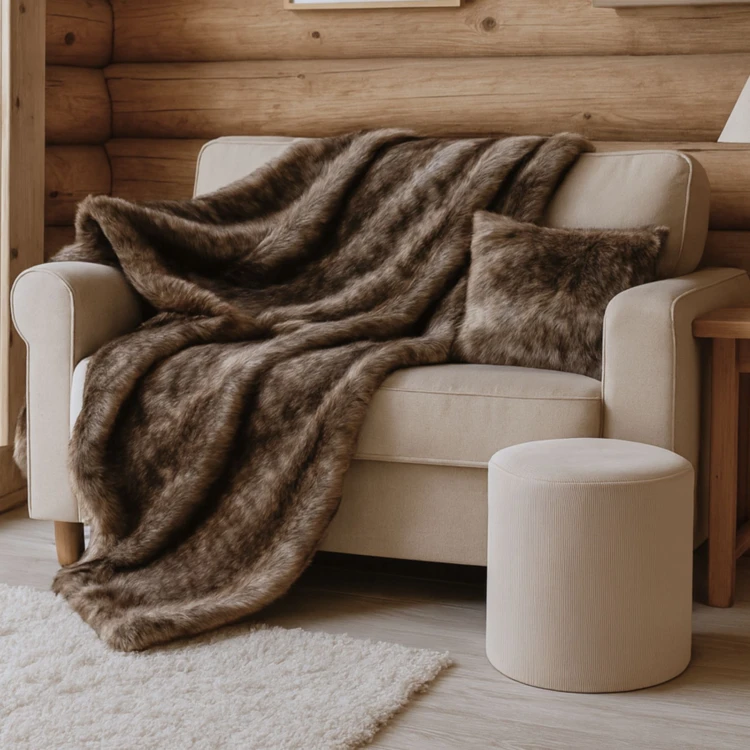 Plaid  imitation fourrure  effet loup brun doublé velours