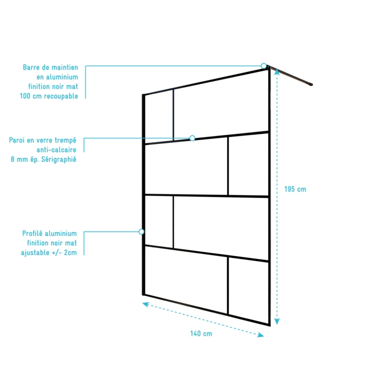 Paroi de douche à l’italienne en verre trempé 8 mm géométriques